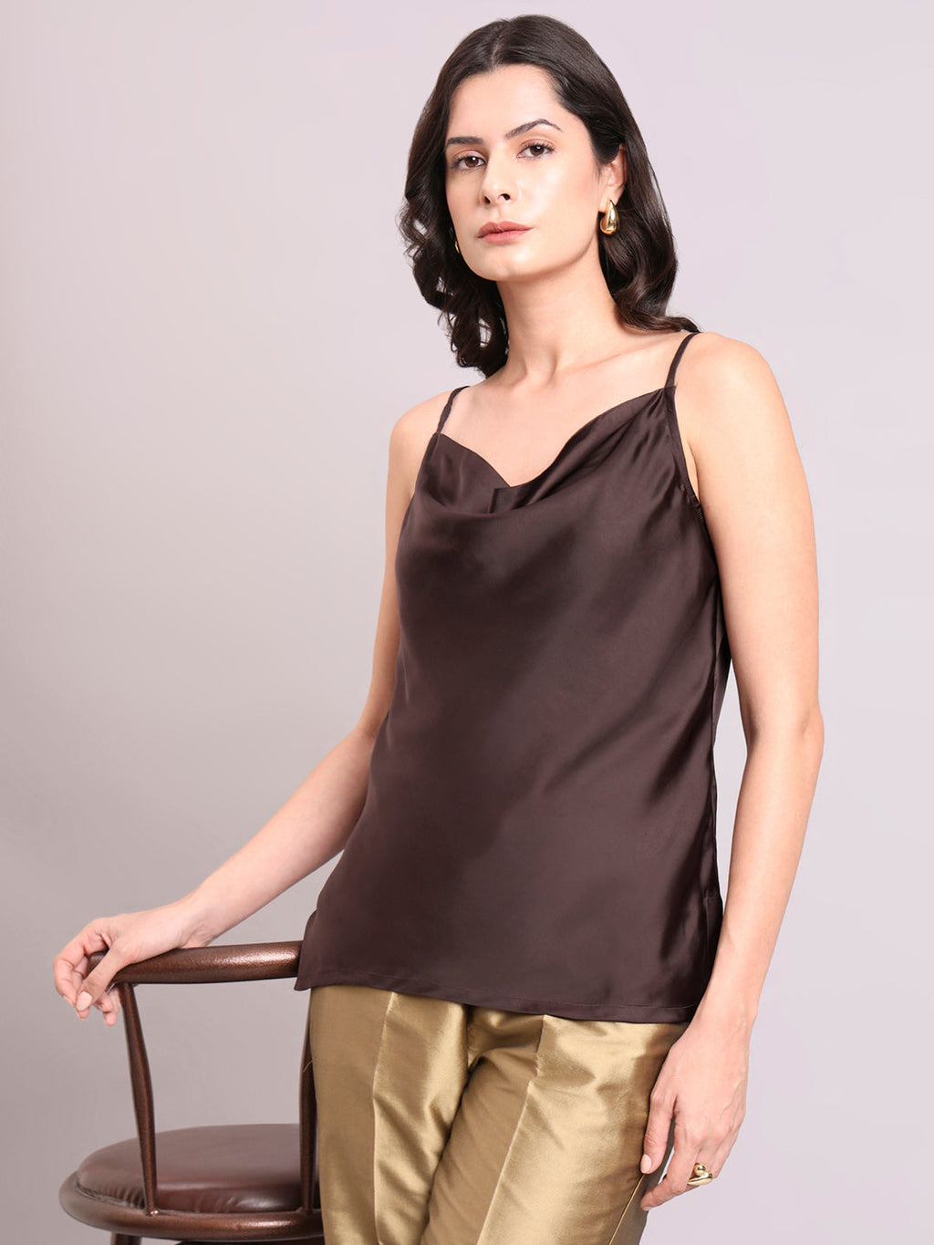 Women Chocolate Brown Cowl Neck Strappy Satin Top