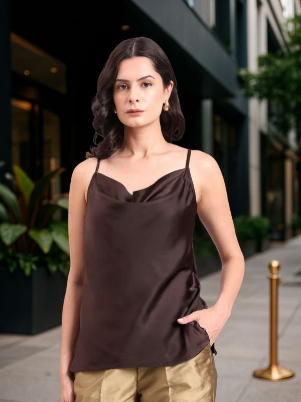 Women Chocolate Brown Cowl Neck Strappy Satin Top