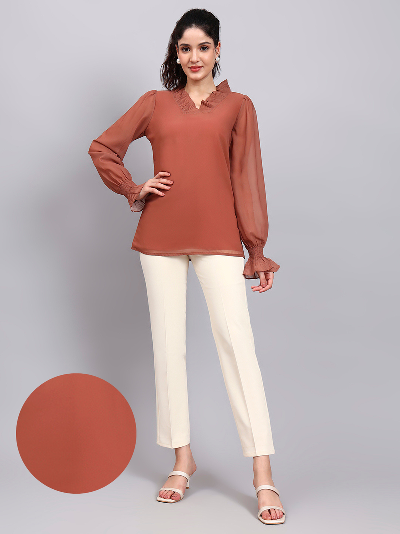 Women Rust Brown V-Neck Top With Smocked Sheer Sleeves