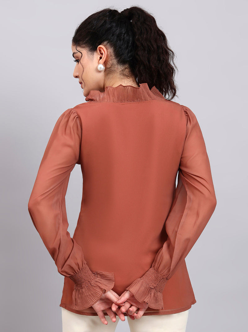 Women Rust Brown V-Neck Top With Smocked Sheer Sleeves