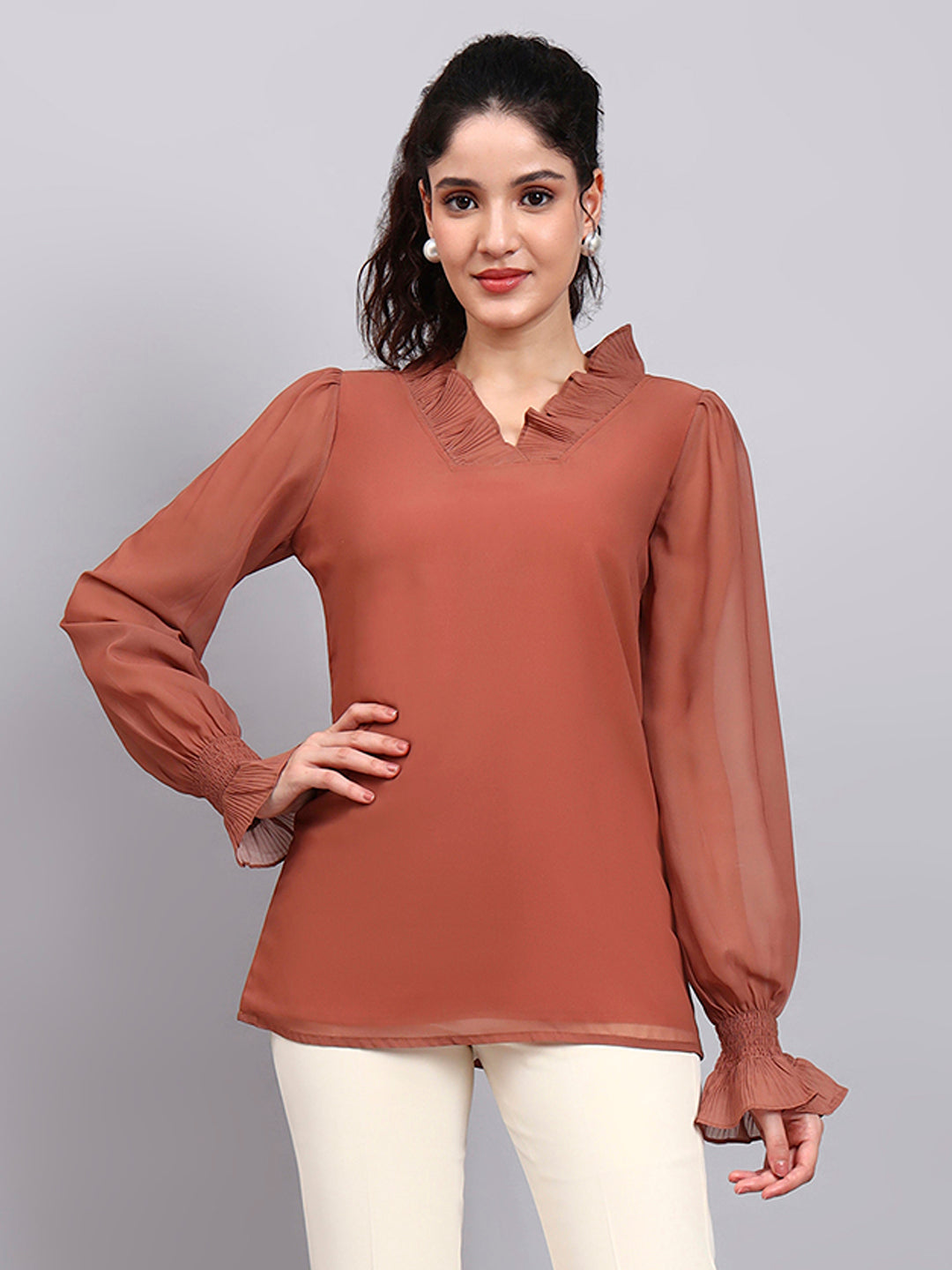 Women Rust Brown V-Neck Top With Smocked Sheer Sleeves
