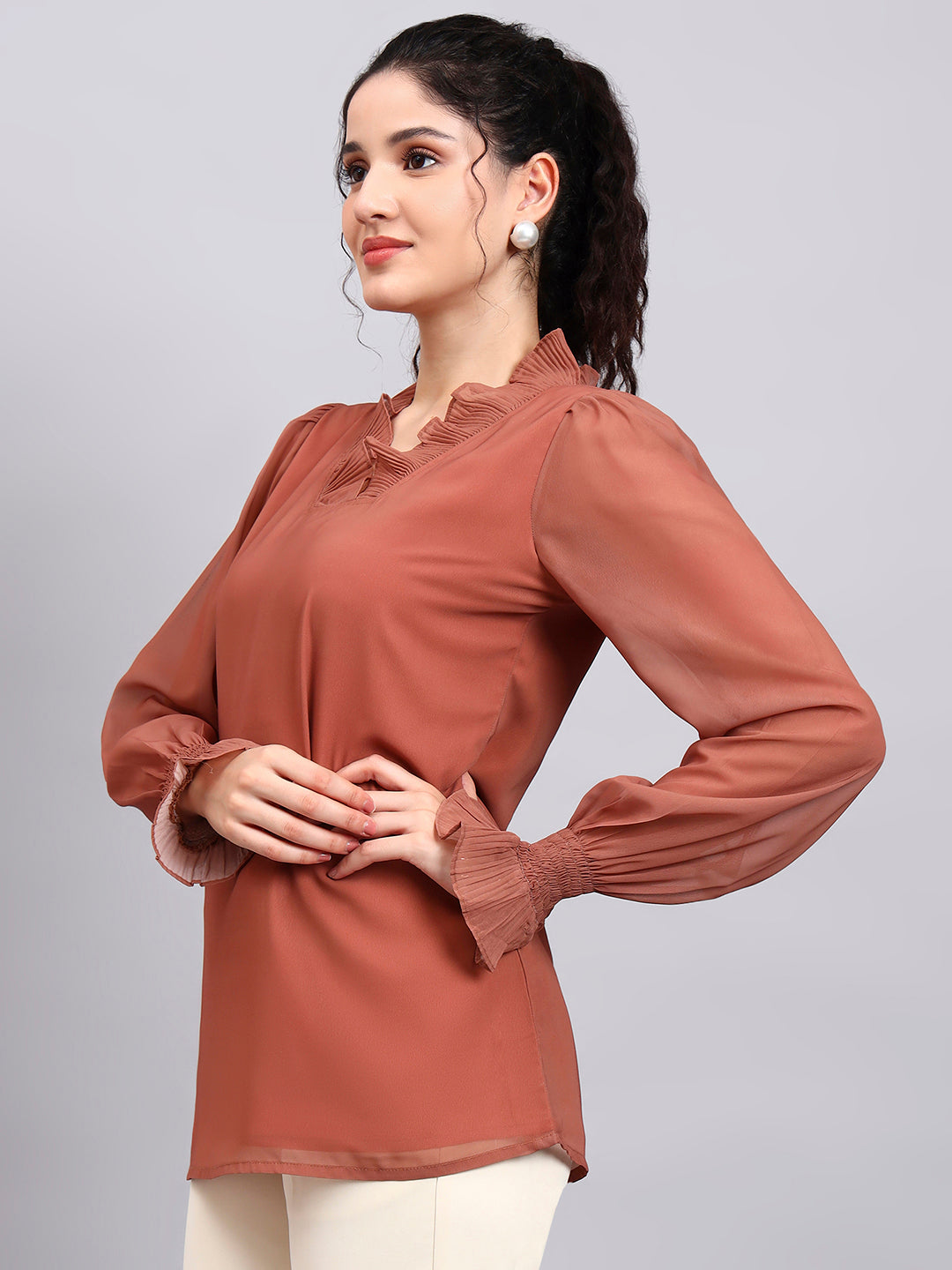 Women Rust Brown V-Neck Top With Smocked Sheer Sleeves