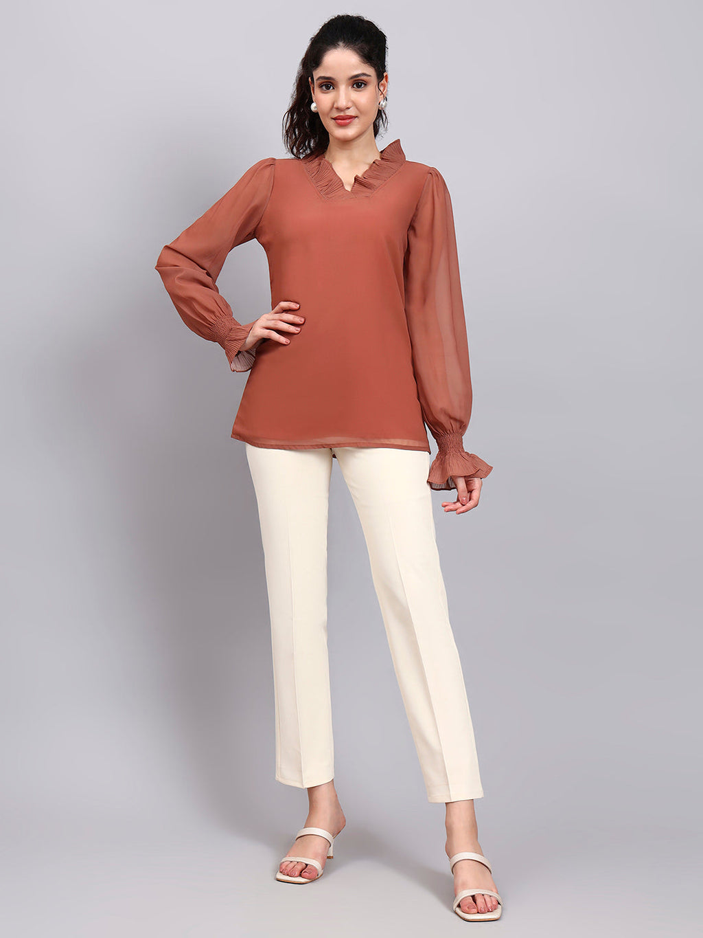 Women Rust Brown V-Neck Top With Smocked Sheer Sleeves