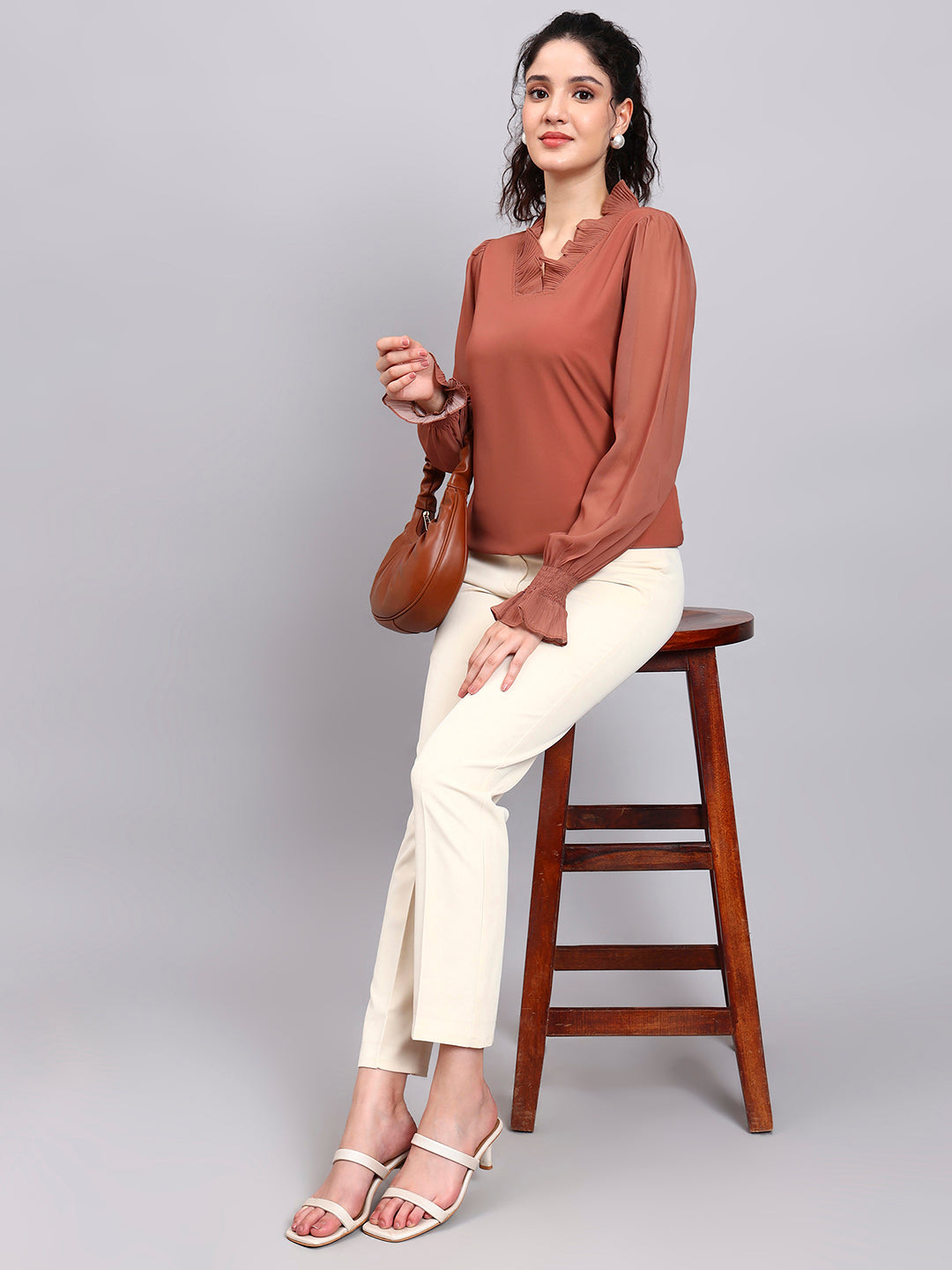 Women Rust Brown V-Neck Top With Smocked Sheer Sleeves