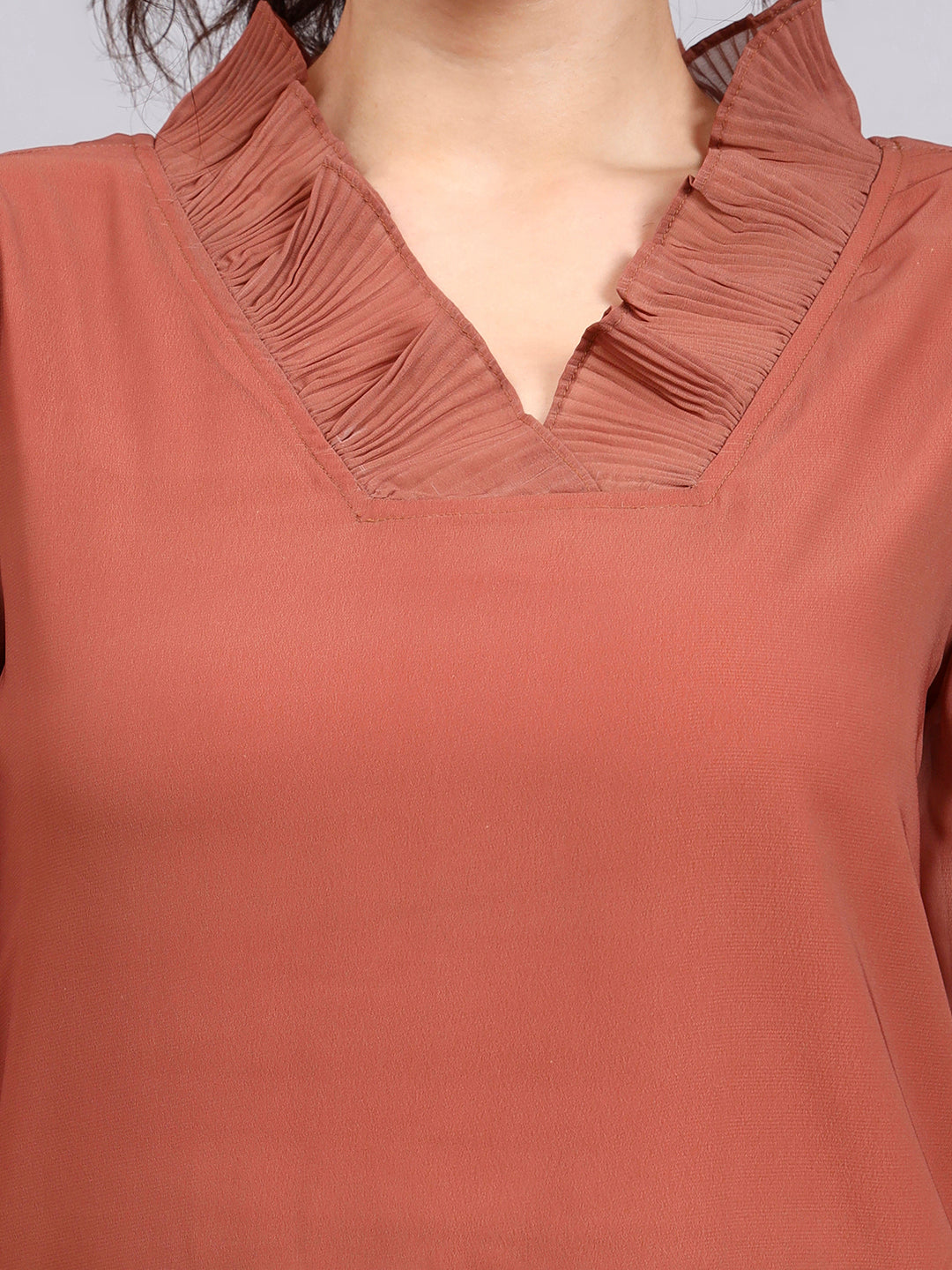 Women Rust Brown V-Neck Top With Smocked Sheer Sleeves