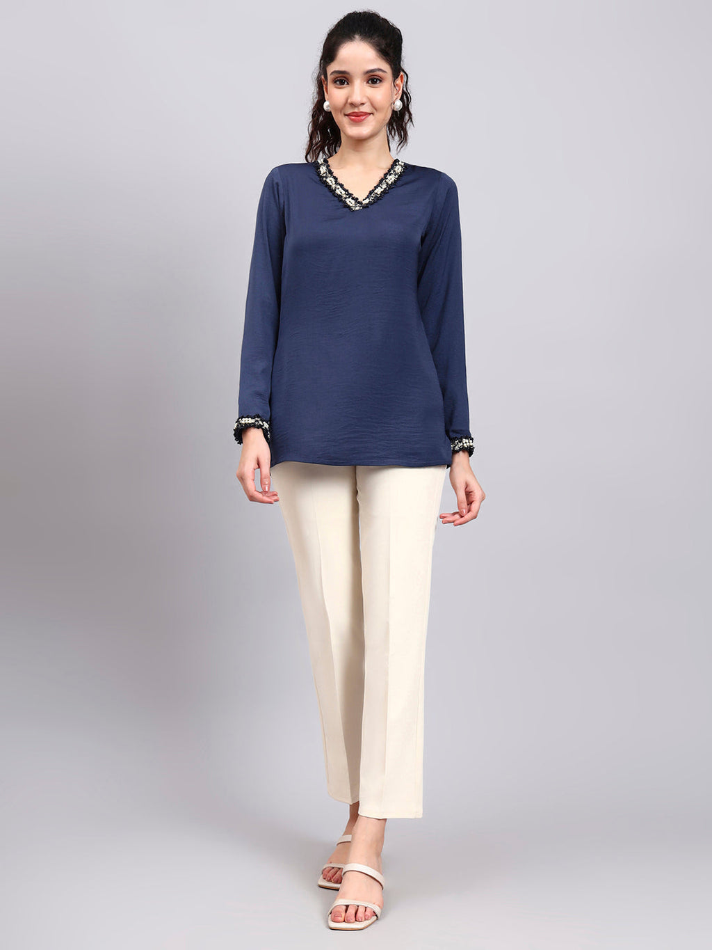Women Blue V-Neck Top With Embellished Neckline And Cuff Detailing