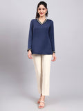 Women Blue V-Neck Top With Embellished Neckline And Cuff Detailing