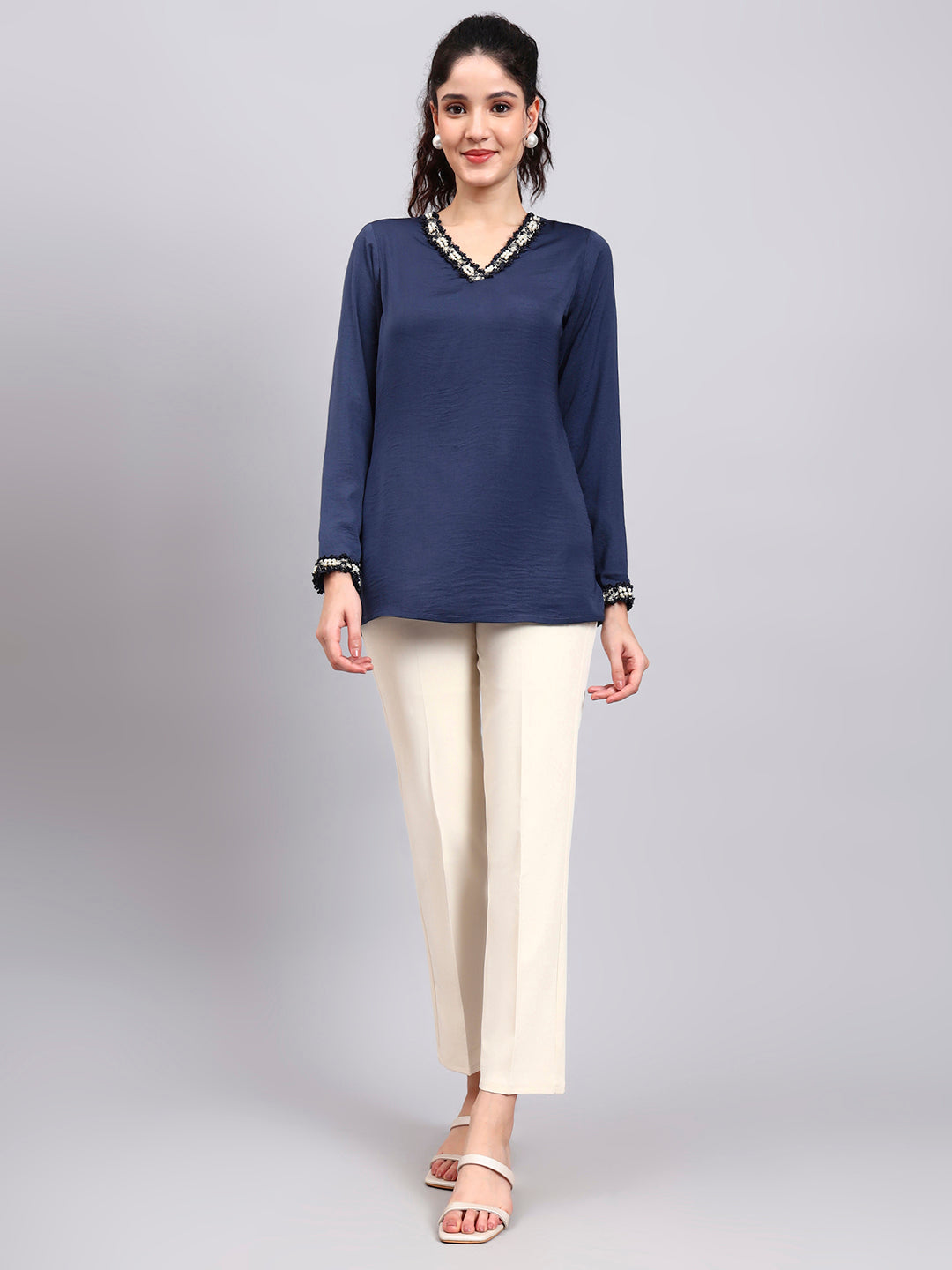 Women Blue V-Neck Top With Embellished Neckline And Cuff Detailing
