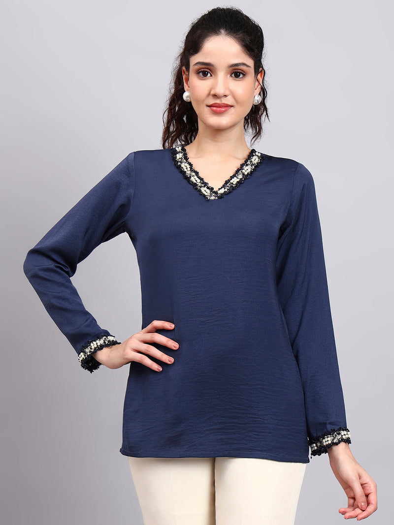 Women Blue V-Neck Top With Embellished Neckline And Cuff Detailing