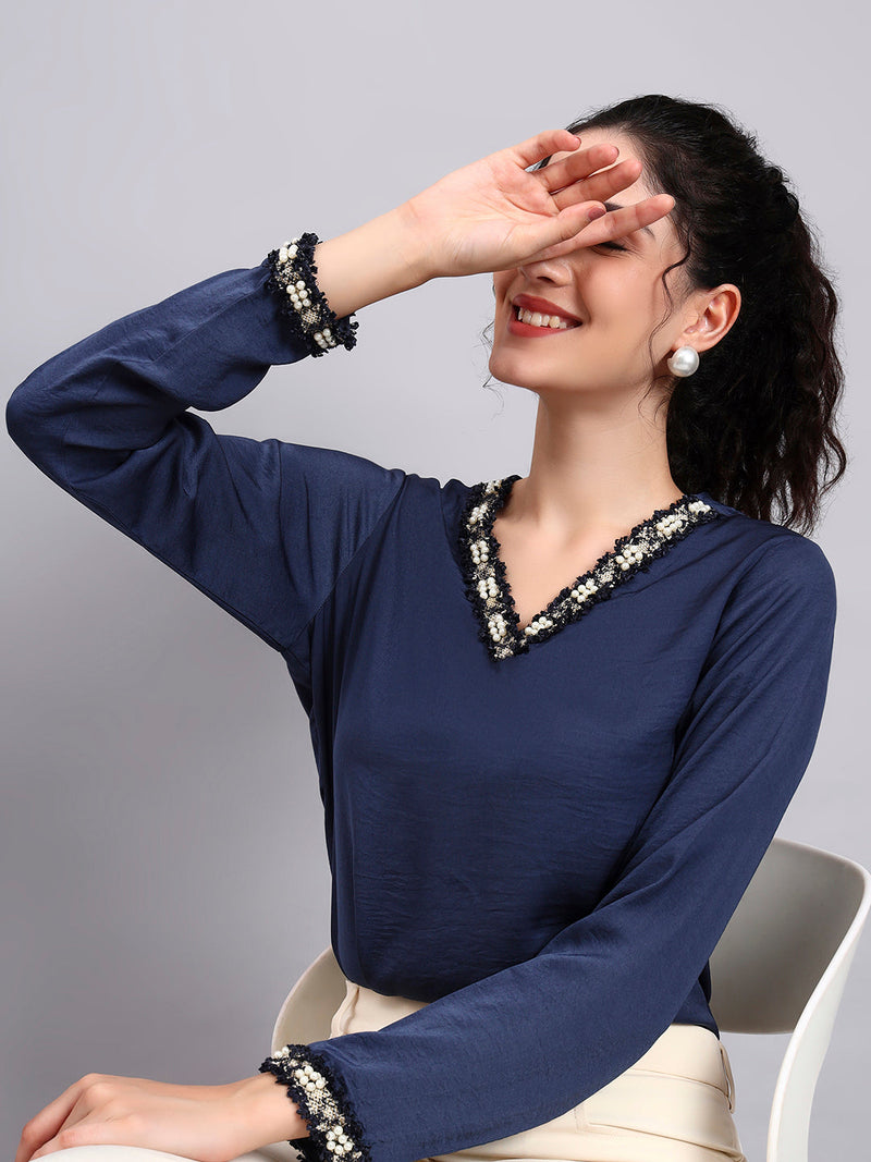 Women Blue V-Neck Top With Embellished Neckline And Cuff Detailing