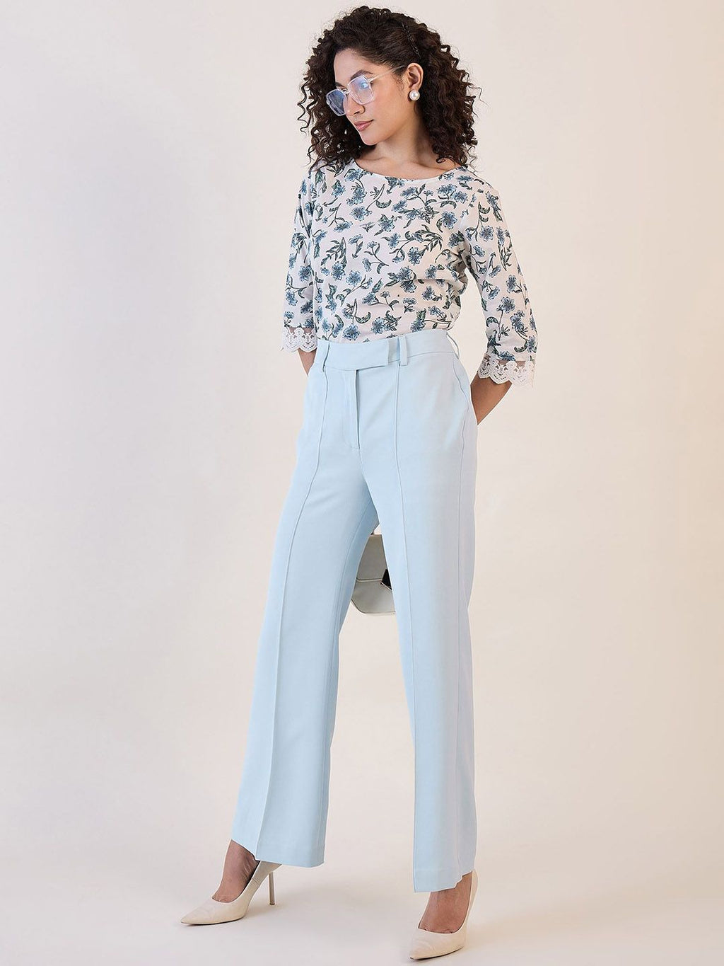 Light Blue Mid Waist Straight Fit Trouser
