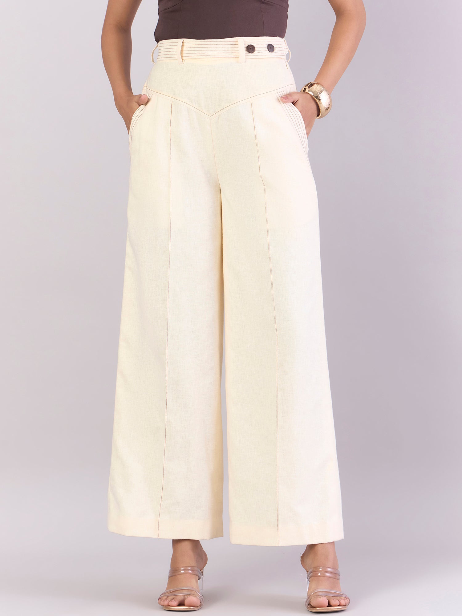 Women Cream StitchCrafted Loose Yoke Trouser With Detachable Belt