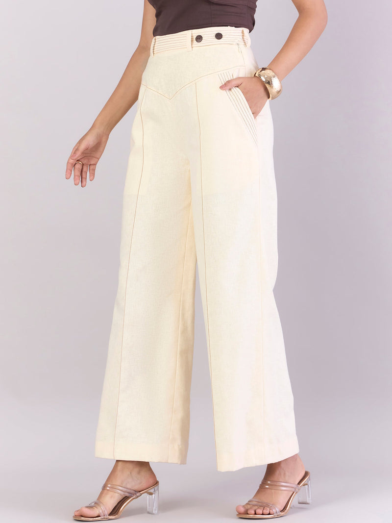 Women Cream StitchCrafted Loose Yoke Trouser With Detachable Belt