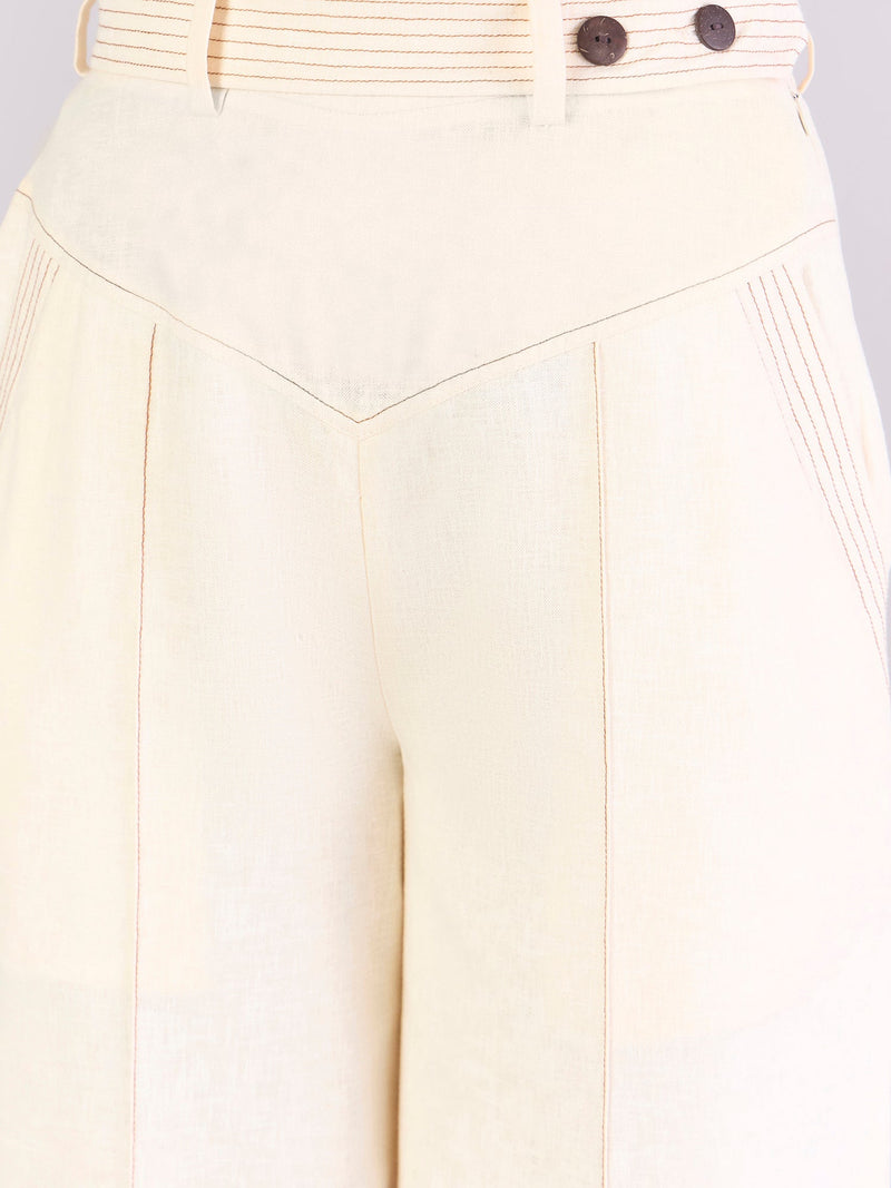 Women Cream StitchCrafted Loose Yoke Trouser With Detachable Belt