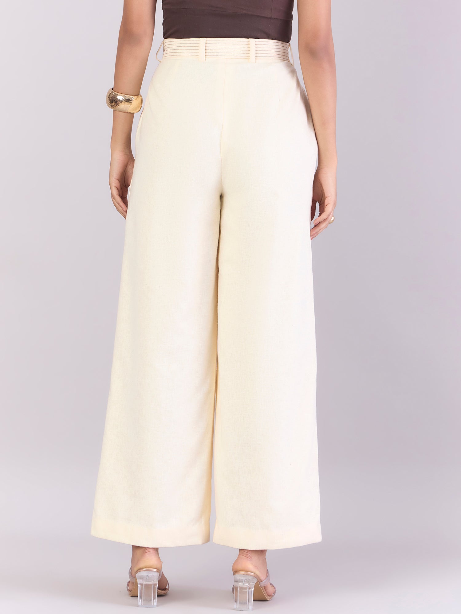 Women Cream StitchCrafted Loose Yoke Trouser With Detachable Belt