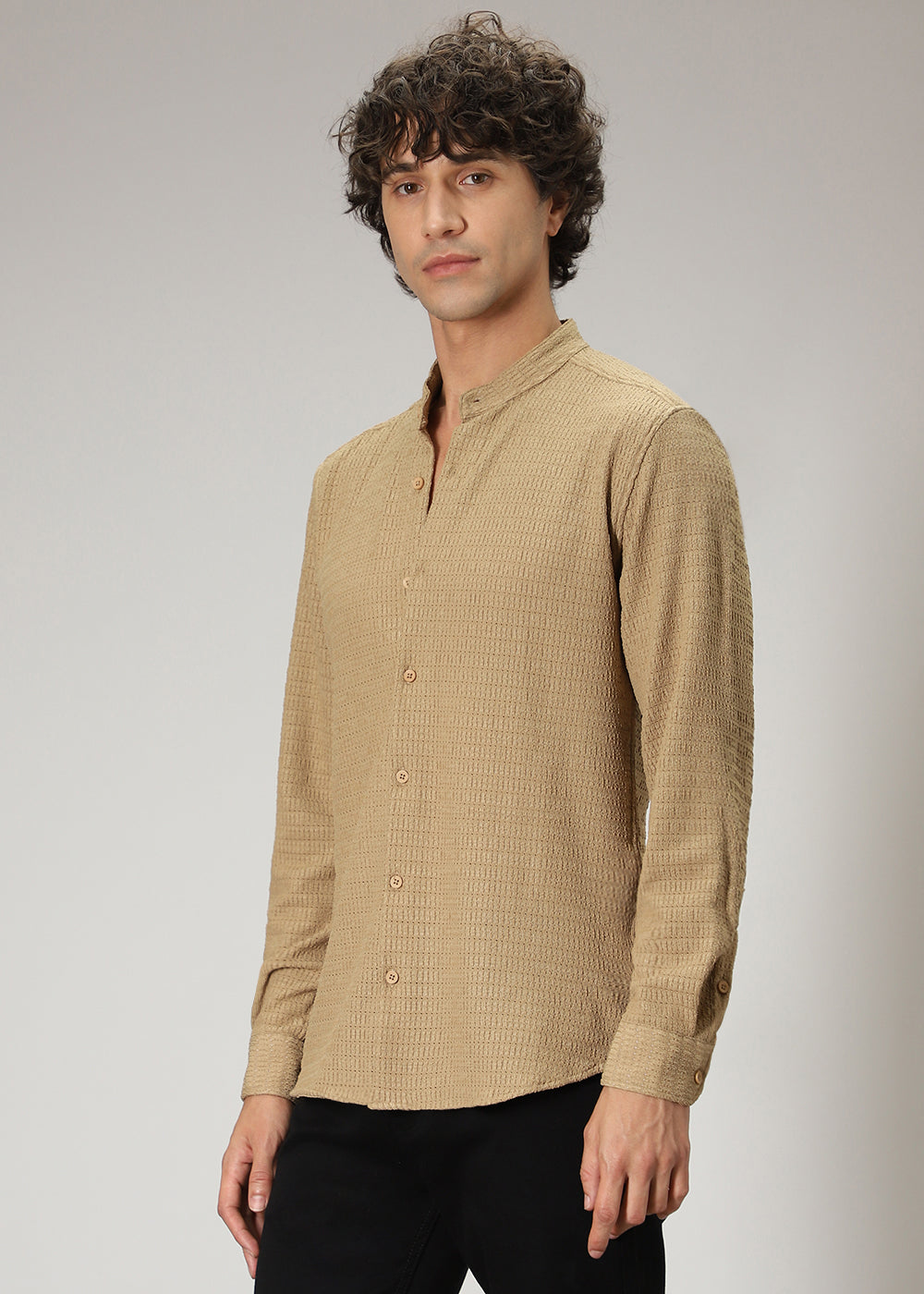 Tan Brown Plain Knitted Crochet Shirt