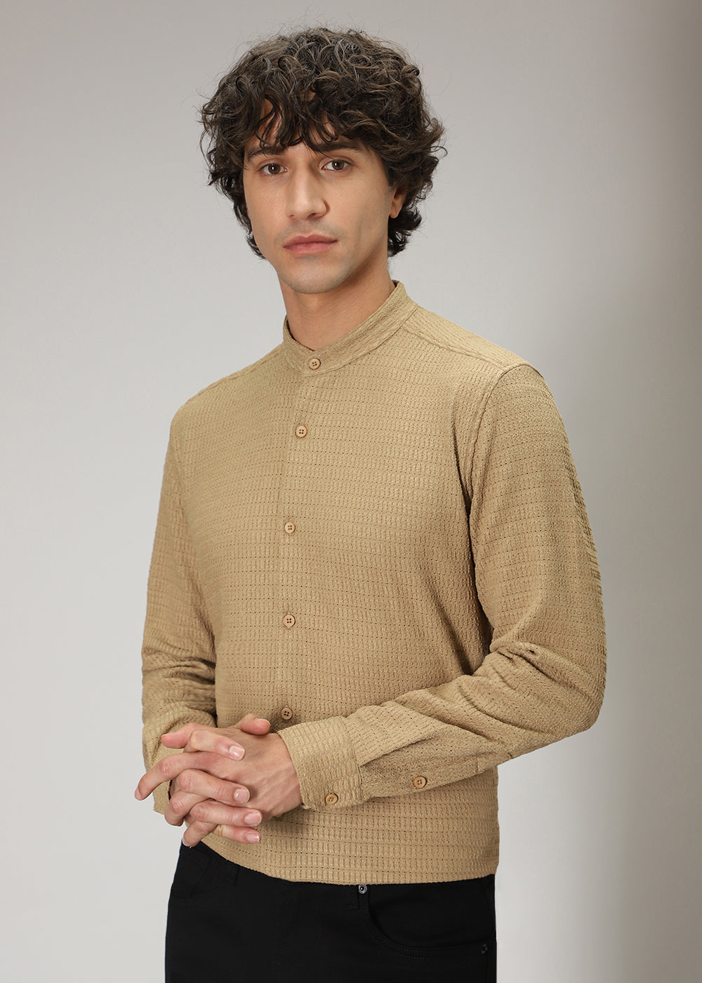 Tan Brown Plain Knitted Crochet Shirt