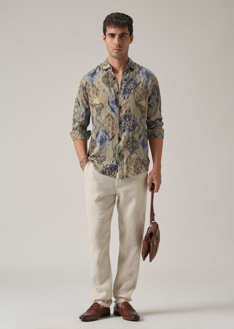 Tan Ikat Motif Print Feather Shirt