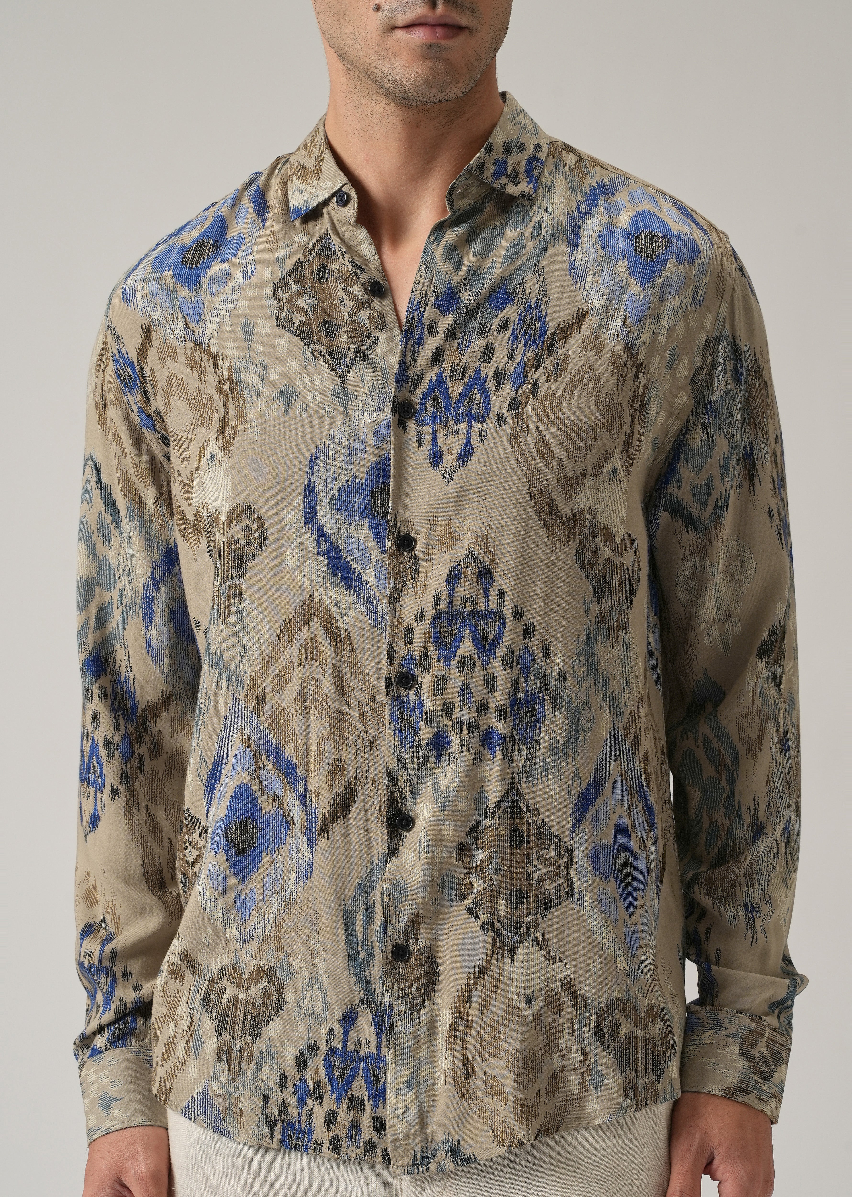 Tan Ikat Motif Print Feather Shirt