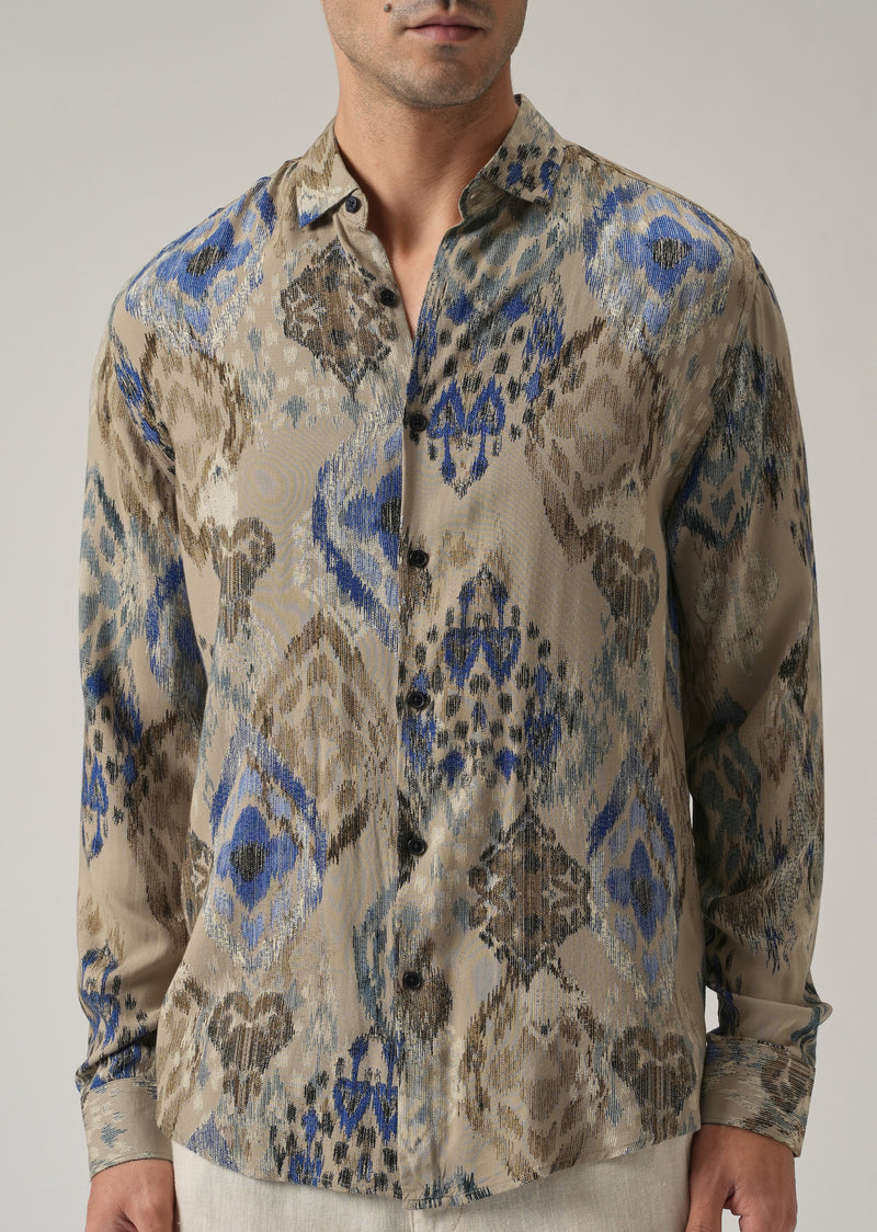 Tan Ikat Motif Print Feather Shirt