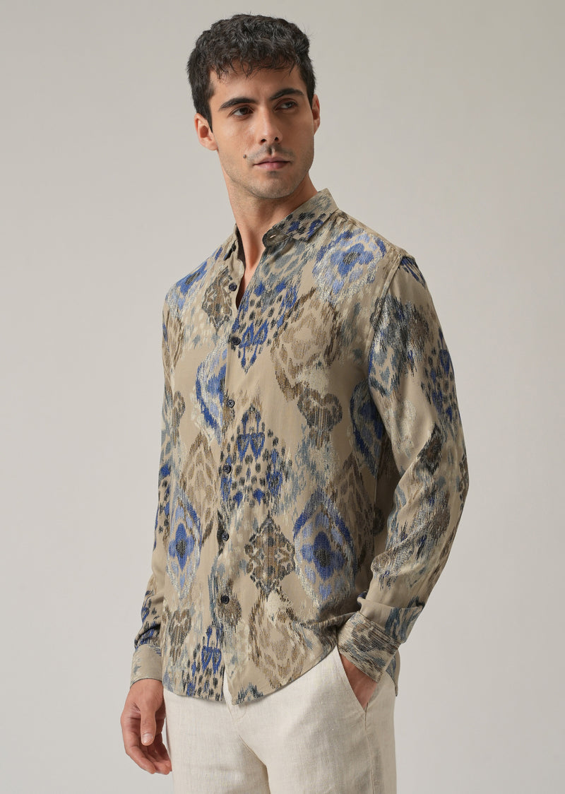 Tan Ikat Motif Print Feather Shirt