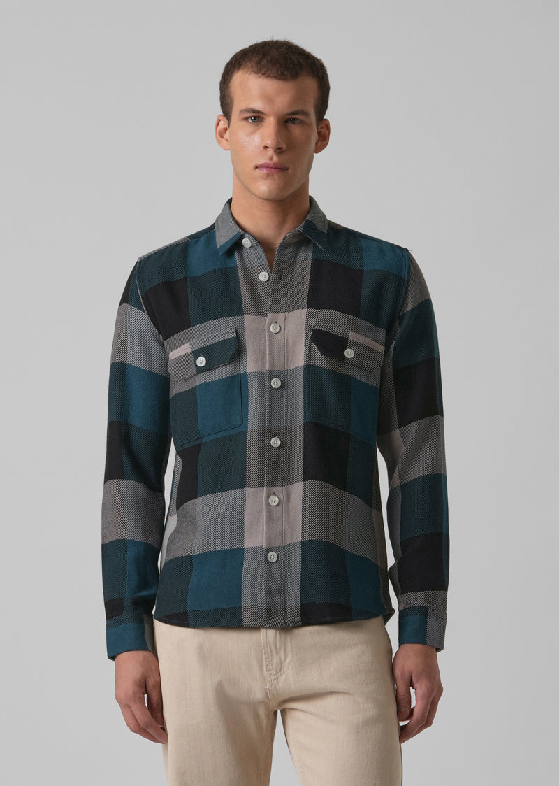Teal Blue Brushed Cotton Check Shirt