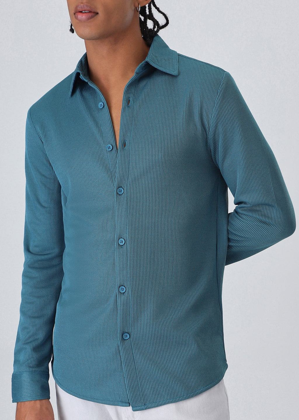 Teal Blue Plain Knitted Shirt