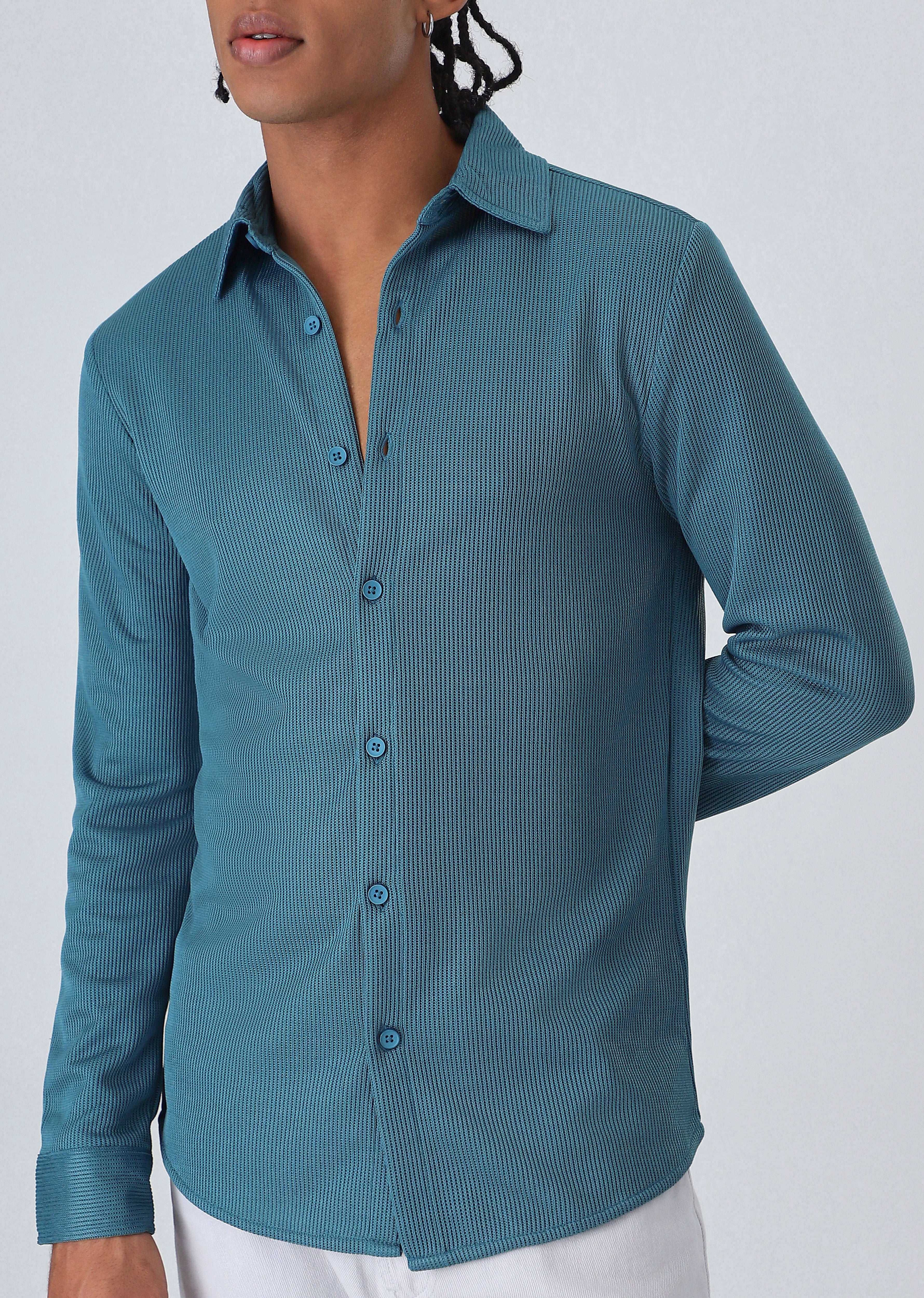 Teal Blue Plain Knitted Shirt