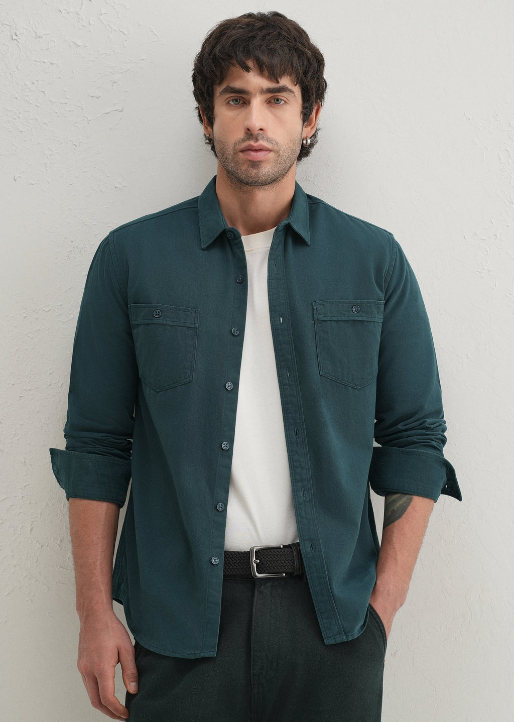 Teal Plain Double Pocket Shirt