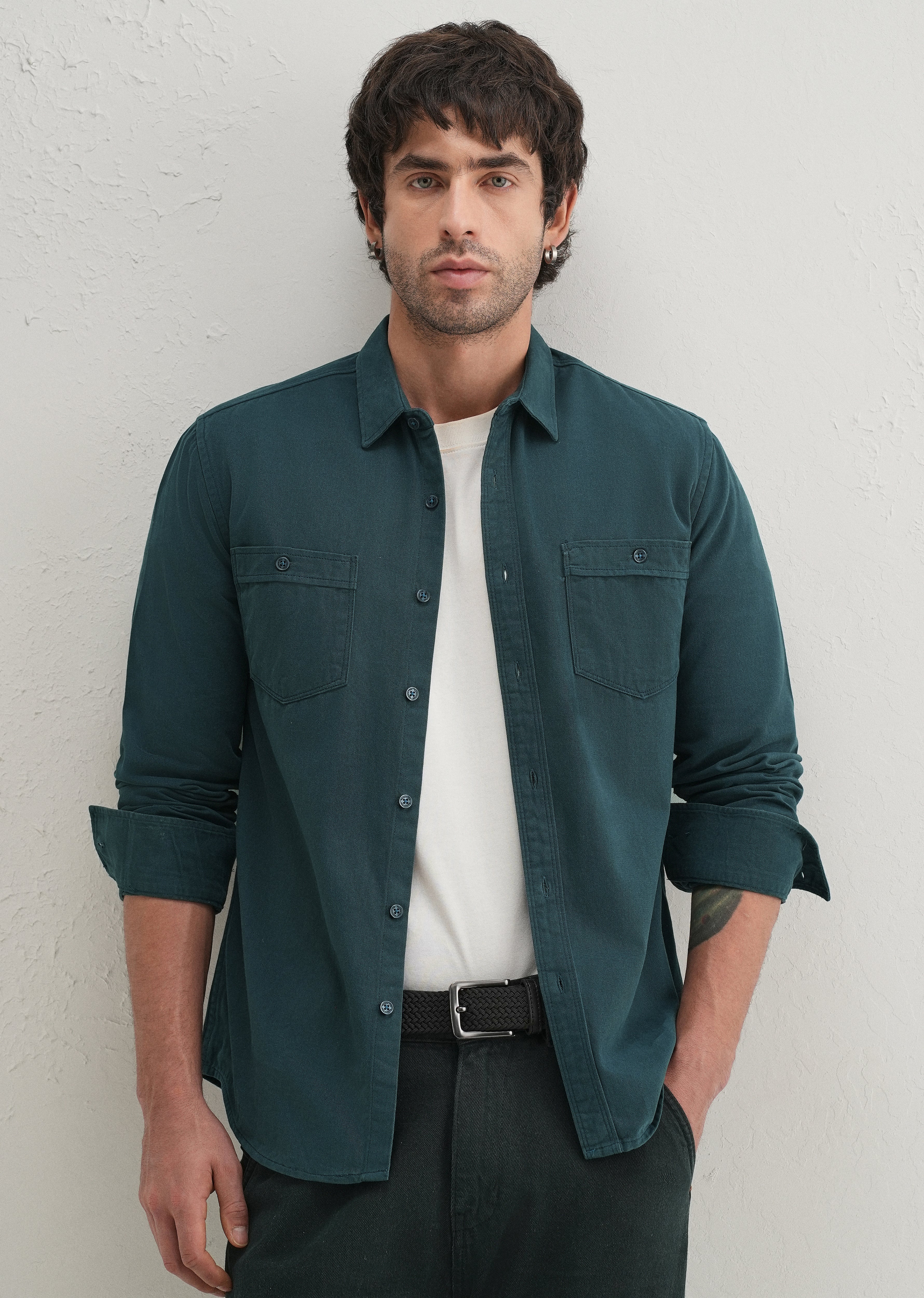 Teal Plain Double Pocket Shirt