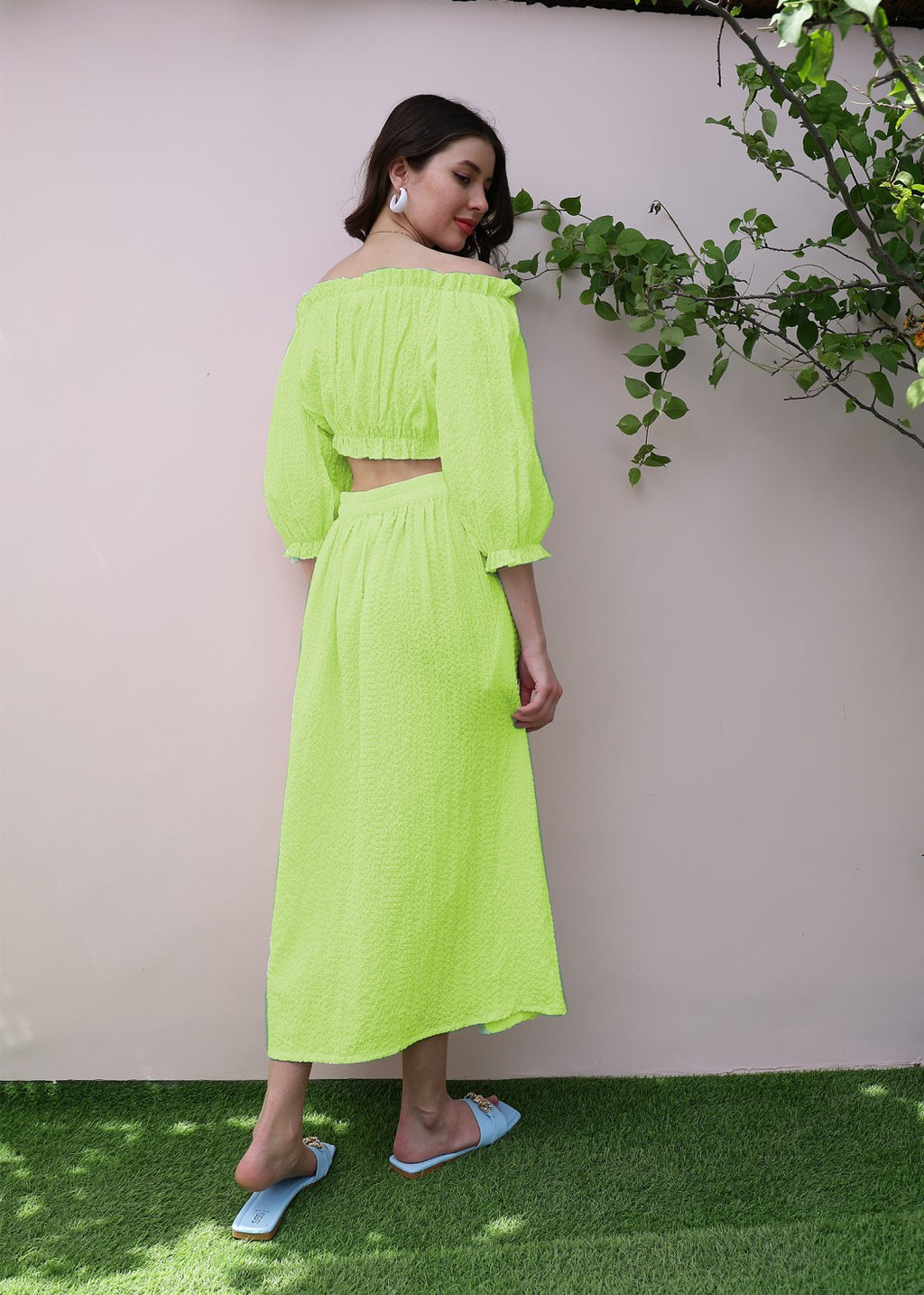 Athena Off-Shoulder Puff Sleeves Regular Textured Crop Top