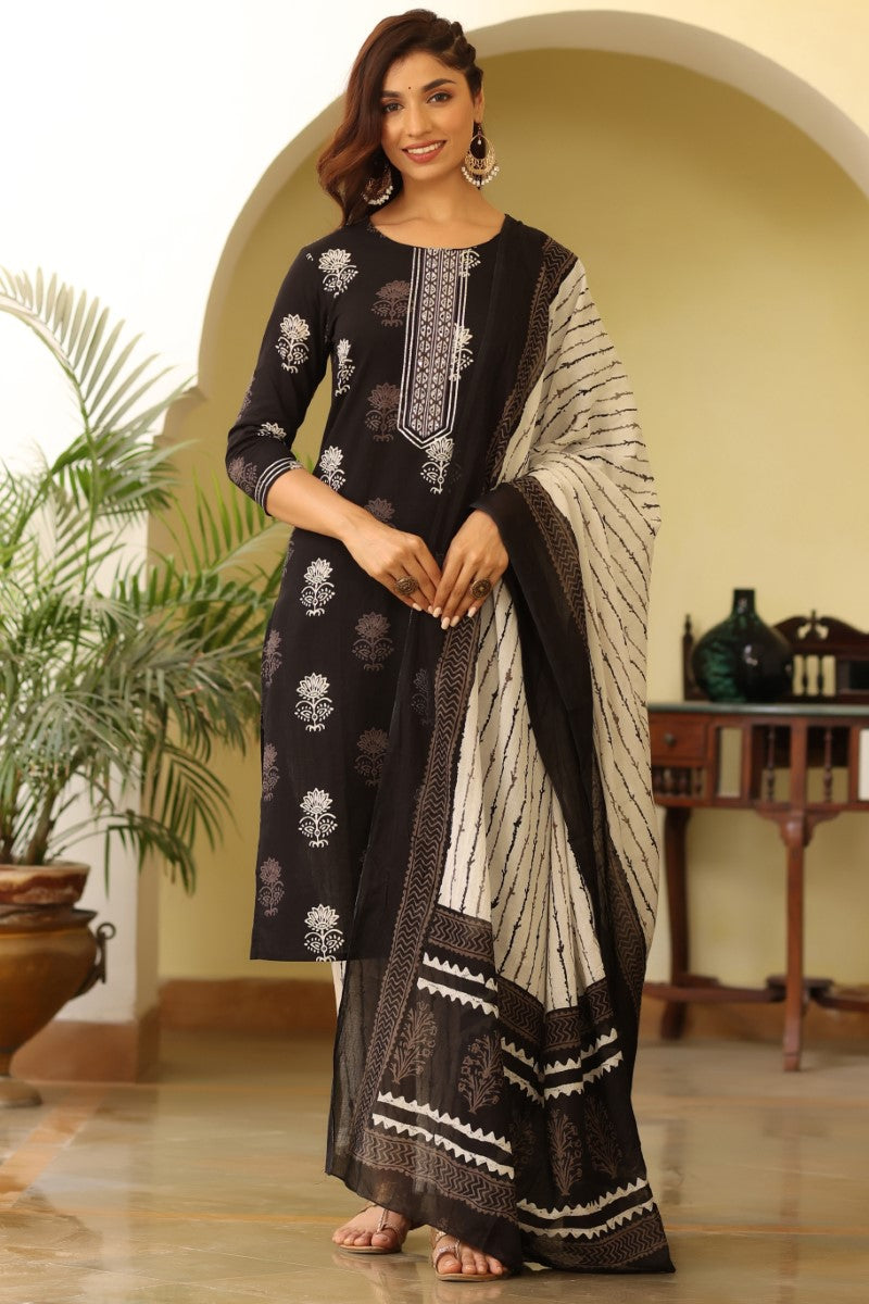 Women Black & White Rayon Blend Printed Kurta with Trousers & Dupatta - Black