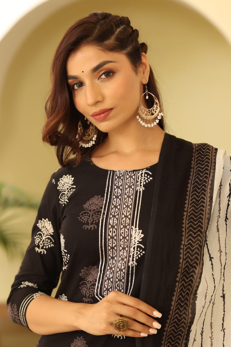 Women Black & White Rayon Blend Printed Kurta with Trousers & Dupatta - Black