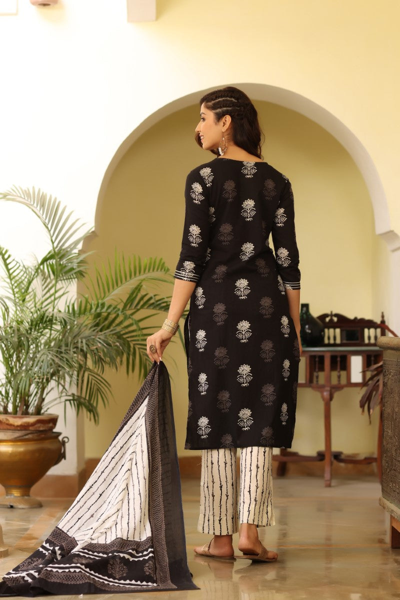Women Black & White Rayon Blend Printed Kurta with Trousers & Dupatta - Black