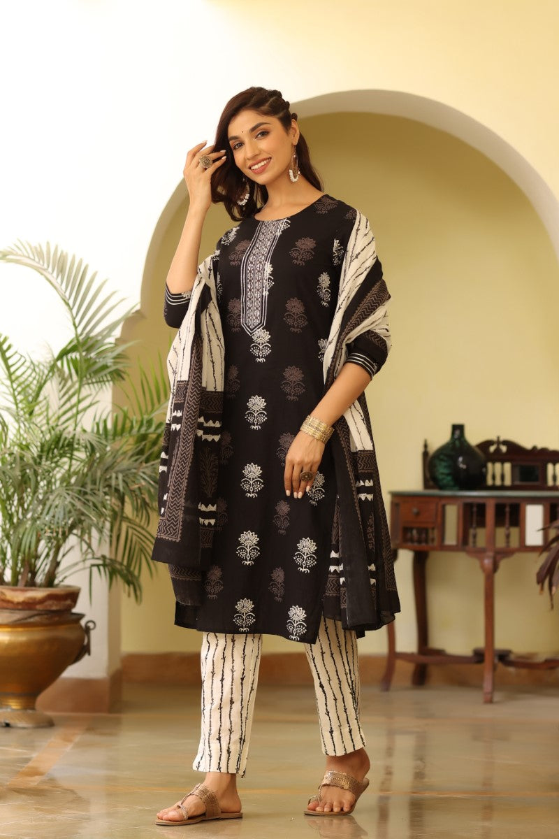 Women Black & White Rayon Blend Printed Kurta with Trousers & Dupatta - Black