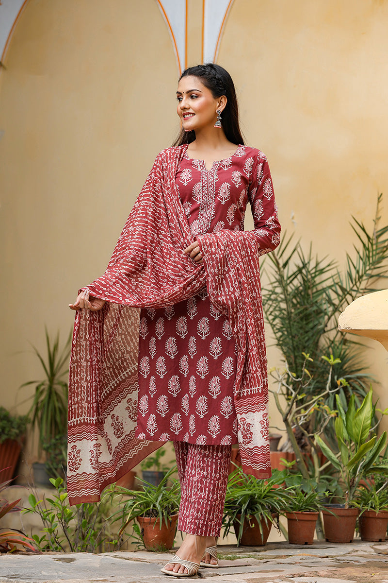 Burgundy Rayon Blend Straight Suit Set - Burgundy