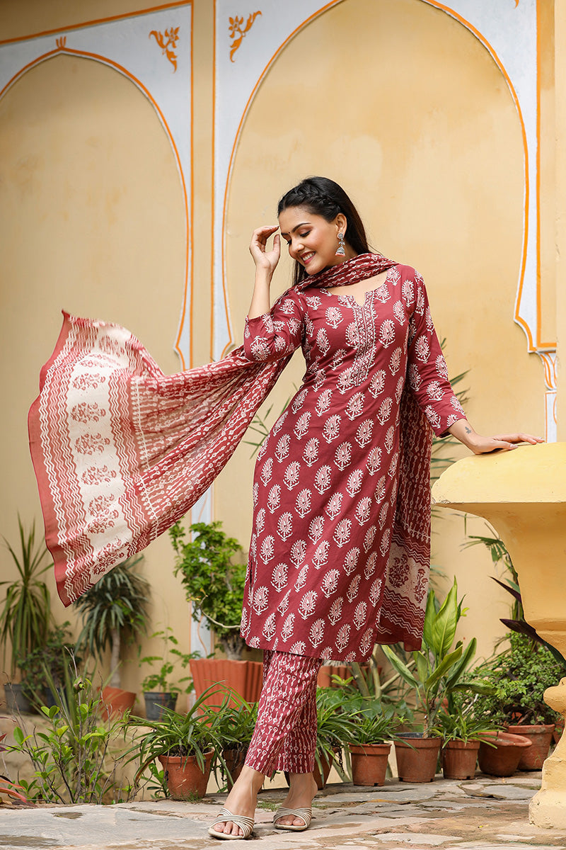 Burgundy Rayon Blend Straight Suit Set - Burgundy