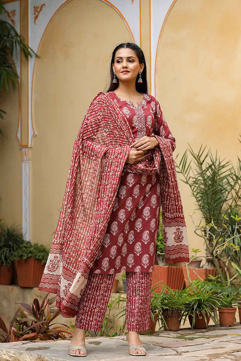 Burgundy Rayon Blend Straight Suit Set - Burgundy