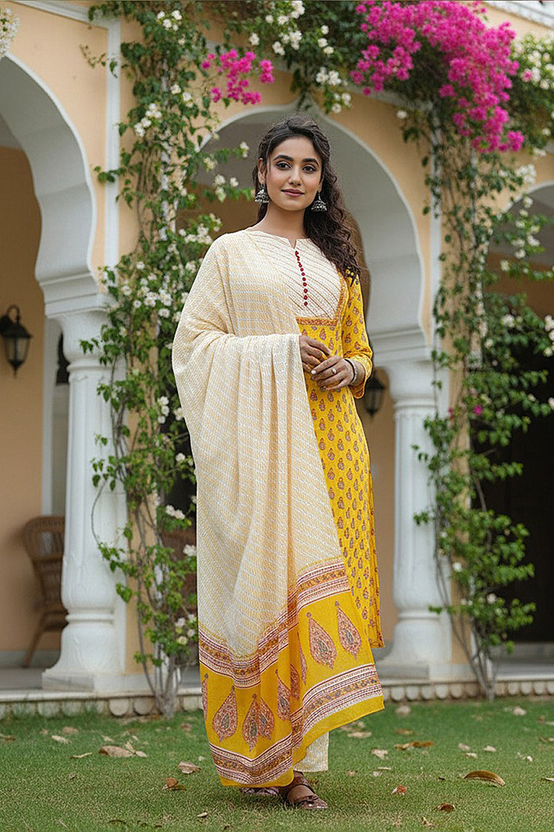 Yellow Rayon Blend Straight Suit Set - Yellow
