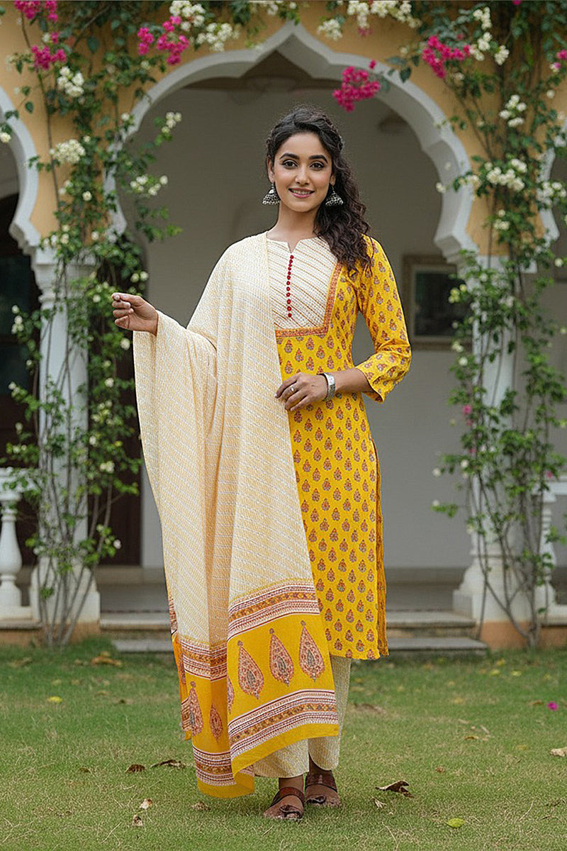 Yellow Rayon Blend Straight Suit Set - Yellow