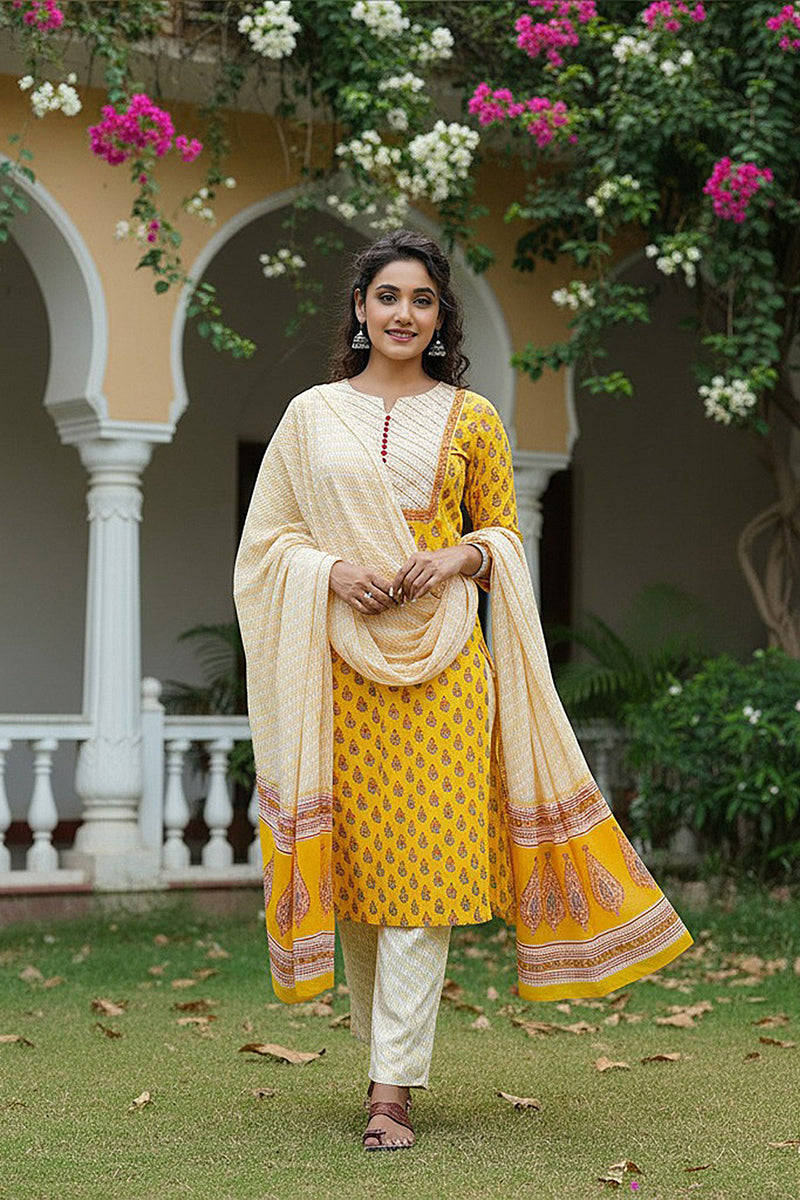 Yellow Rayon Blend Straight Suit Set - Yellow