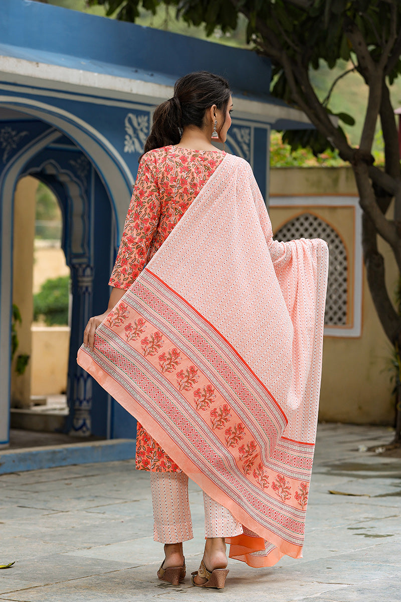 Peach Rayon Blend Ethnic Motifs Print Suit Set - Peach