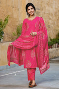 Pink Cotton Straight Suit Set - Pink