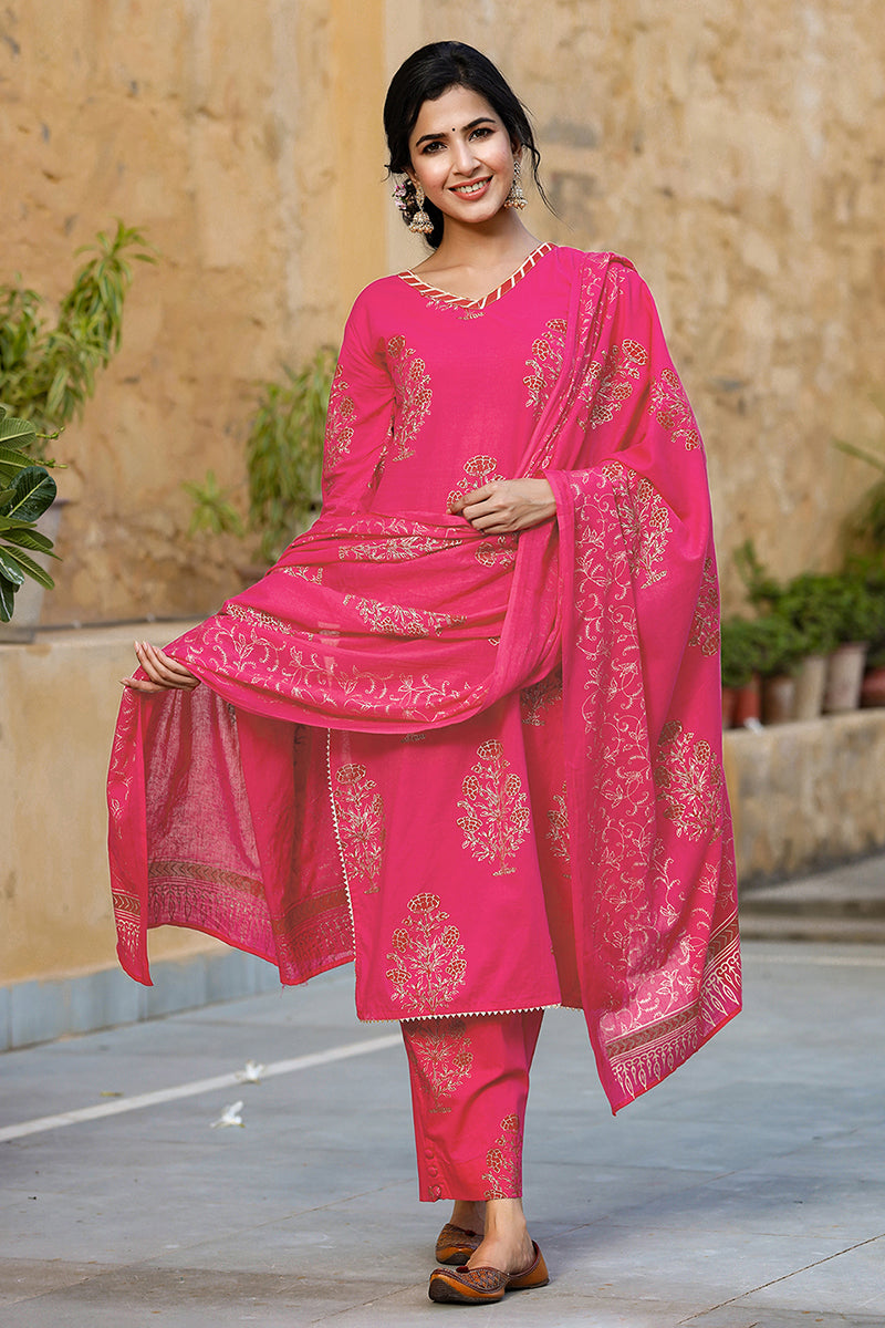 Pink Cotton Straight Suit Set - Pink