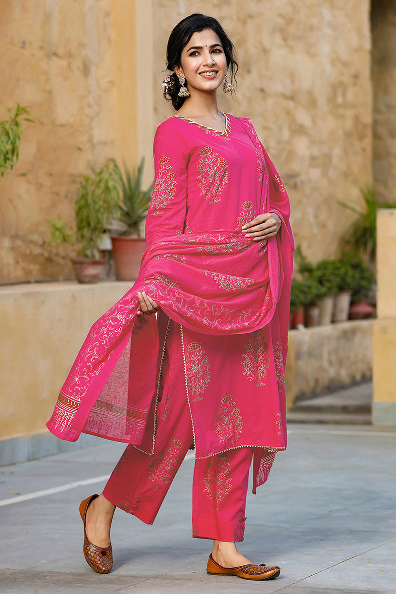 Pink Cotton Straight Suit Set - Pink