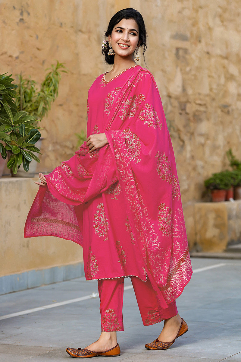 Pink Cotton Straight Suit Set - Pink