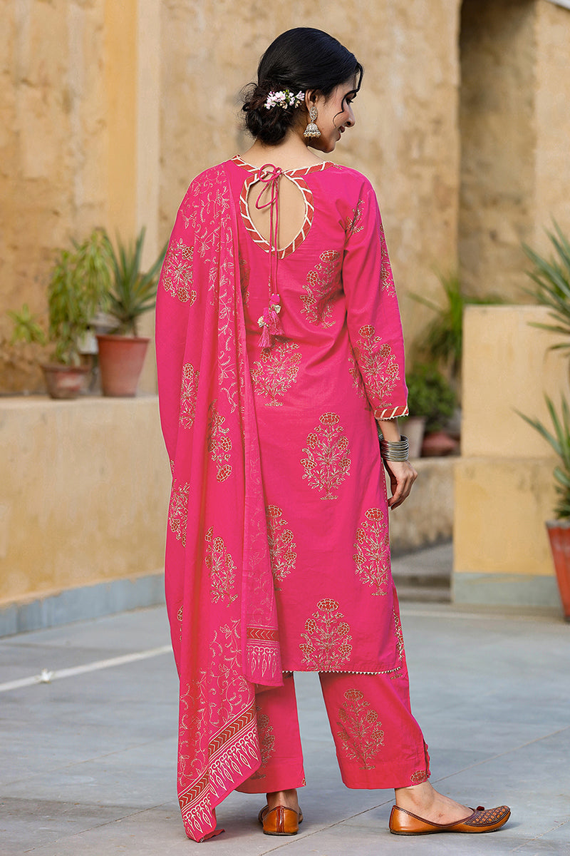 Pink Cotton Straight Suit Set - Pink