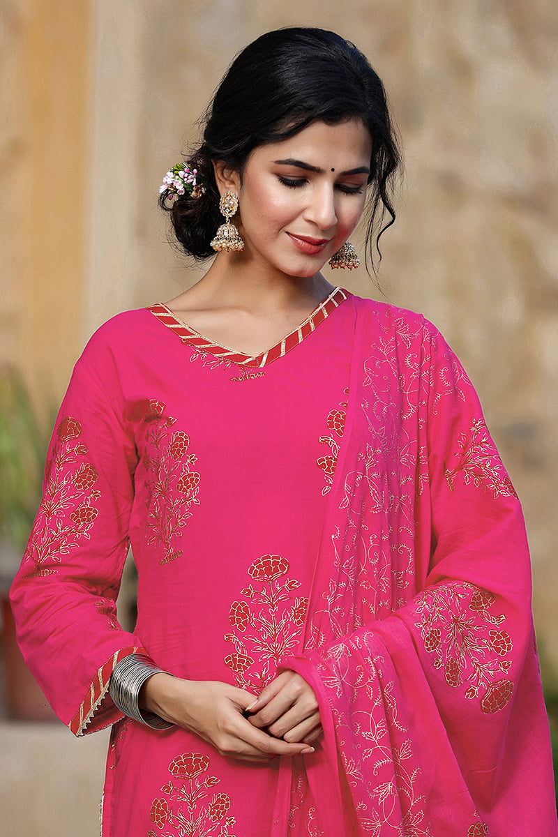 Pink Cotton Straight Suit Set - Pink