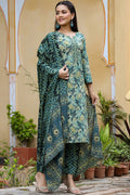 Rayon Blend Teal Ethnic Motifs Printed Straight Kurta Palazzo Dupatta Set - Green