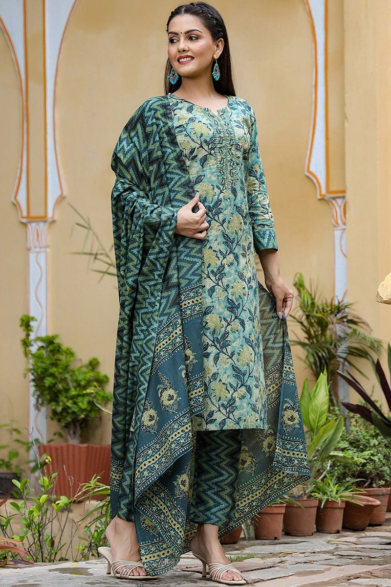 Rayon Blend Teal Ethnic Motifs Printed Straight Kurta Palazzo Dupatta Set - Green
